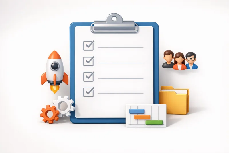 Чек-лист плану запуску компанії з ракетою та шестеренками