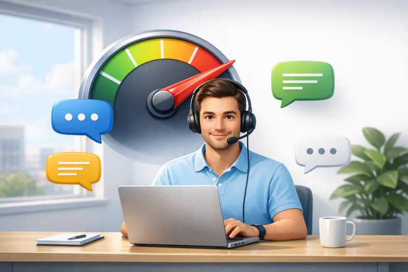 Оператор підтримки у ноутбука з чат-іконками та таймером, що символізує швидку відповідь