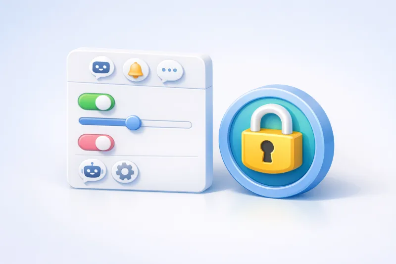 3D-ілюстрація екрана налаштувань чат-бота з іконкою замка, що символізує токен, центрований об’єкт, м’які тіні, без тексту