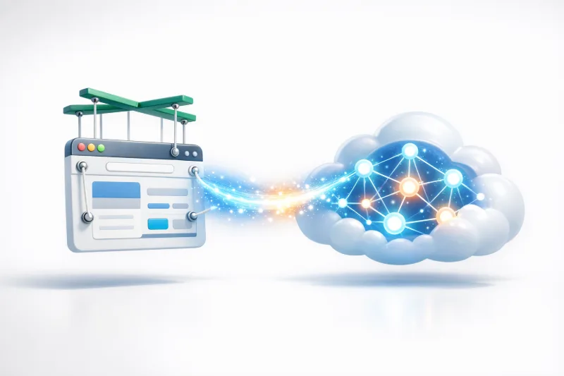 3D-ілюстрація: вікно браузера взаємодіє з хмарою ШІ потоком даних, що символізує звʼязку Puppeteer + OpenAI API