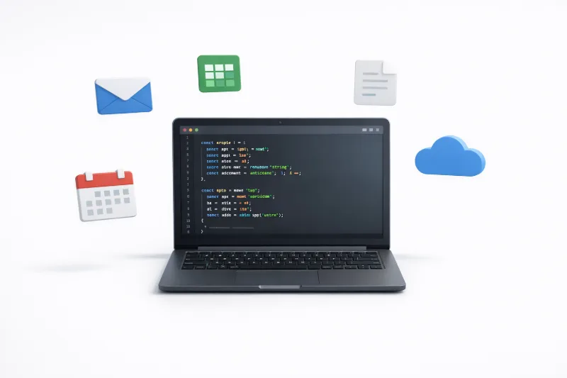 Ноутбук із кодом Google Apps Script та іконками сервісів Google Workspace, сучасна 3D-ілюстрація 