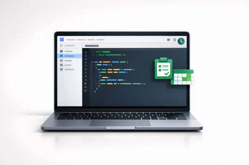 Редактор Google Apps Script з акцентом на подію onFormSubmit, центрований екран ноутбука з м’якими тінями