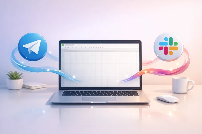 Ноутбук зі спредшитом Google Sheets, підключений до Telegram і Slack, ілюстрація інтеграції для автоматизації клієнтської підтримки