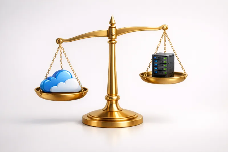 Терези з хмарою SaaS і стійкою серверів; чаша з SaaS опущена нижче, що натякає на більшу вартість