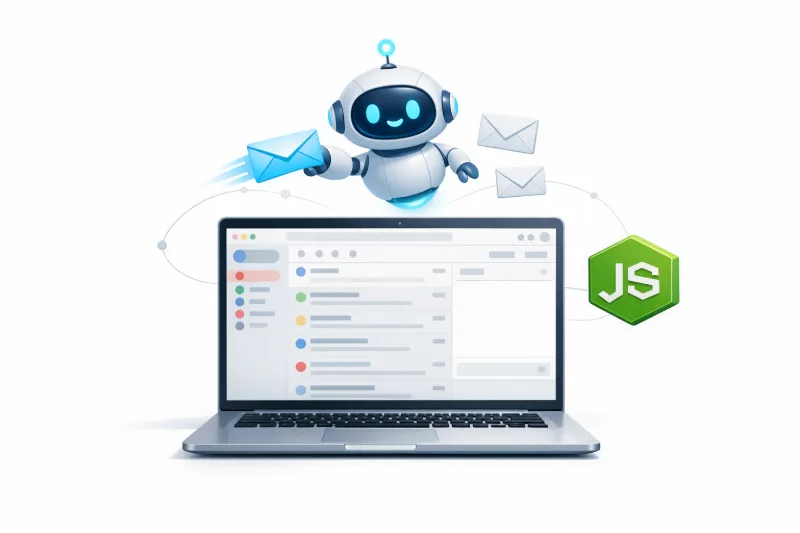 3D-ілюстрація: ноутбук з інтерфейсом пошти у стилі Google Workspace, AI-агент надсилає автовідповіді, стилізований зелений шестикутник Node