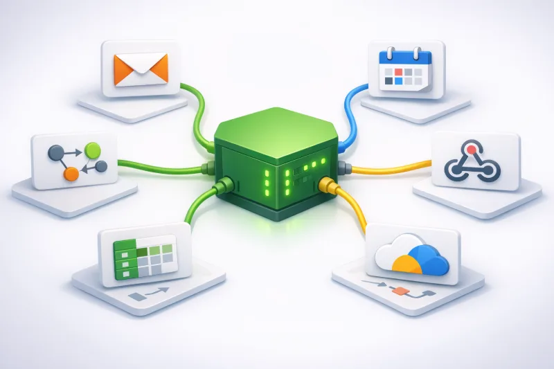 3D-ілюстрація мікросервісів на Node.js, що під’єднані до сервісів Google Workspace як альтернатива Zapier і Make: у центрі серверний модуль