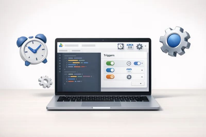 Налаштування тригера в Google Apps Script — ілюстрація з ноутбуком, шестернями та годинником