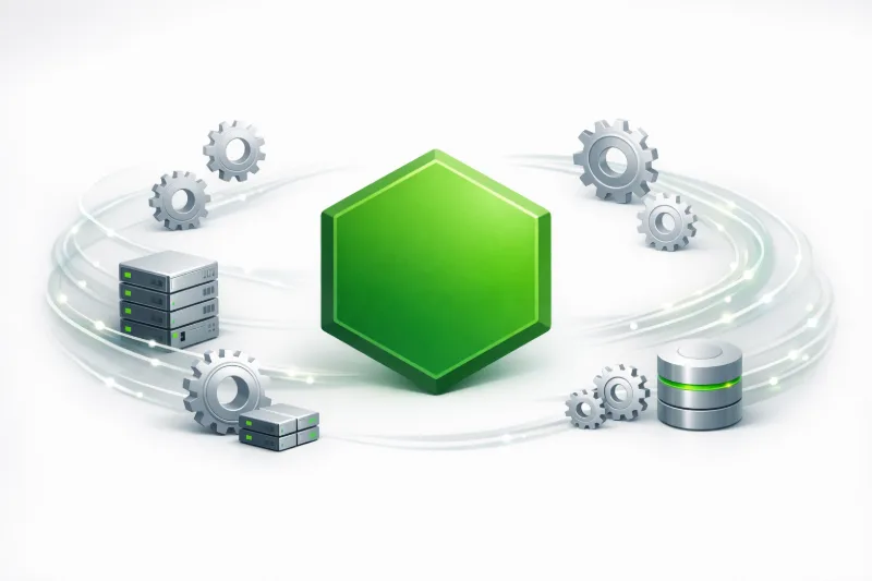 Символ Node.js серед шестерень та потоків даних, що відображають автоматизацію