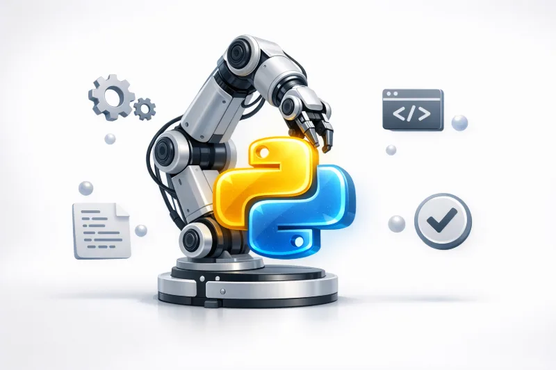 Роботизована рука збирає символ Python поруч із іконками автоматизації, м'які тіні