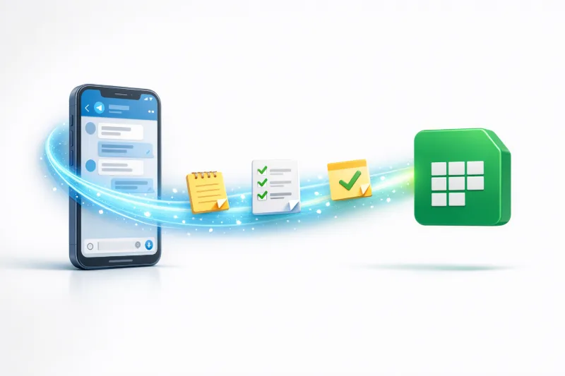 Смартфон із Telegram, що синхронізує нотатки з Google Sheets; сучасна 3D-ілюстрація з м’якими тінями, центрований об’єкт