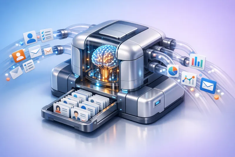 AI-комбайн для генерації лідів у центрі кадру; прозорі трубки збирають контакти й дані, м’які тіні, сучасна 3D-ілюстрація