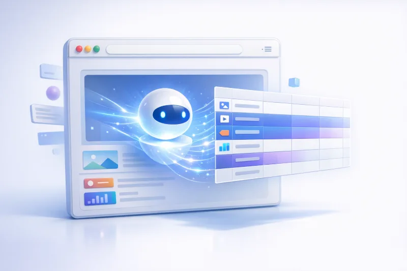 ШІ витягує дані з вебсайту у таблицю у вікні браузера, сучасна 3D-ілюстрація