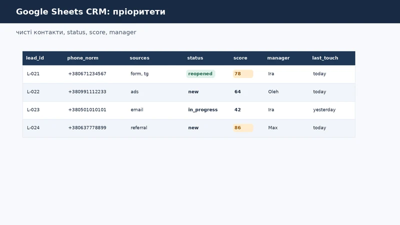 Таблиця Google Sheets CRM зі score, статусами new, reopened, high priority і відповідальними менеджерами