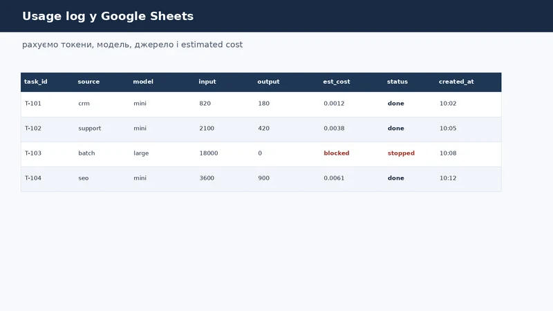 Google Sheets usage log для OpenAI API: task_id, source, model, tokens, cost і status